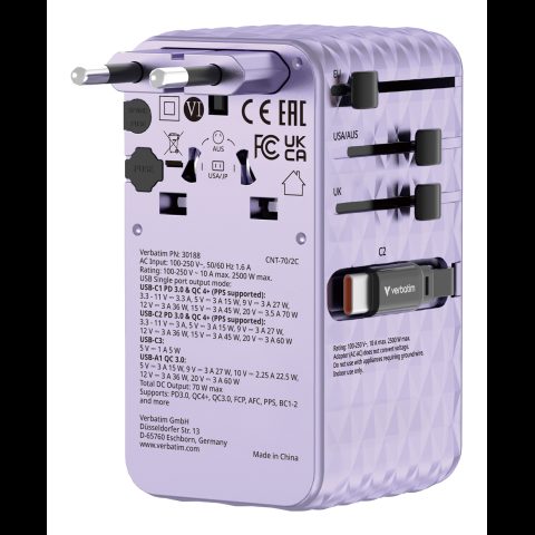 Verbatim Charge 'n' Travel 70W 2C retractable Universal Travel Adapter Purple