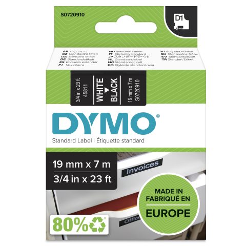 Dymo D1 Standard - White on Black - 19mm marķēšanas lenta Balts uz melna