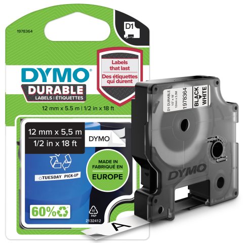 Dymo D1 Durable - Black on White - 12mm marķēšanas lenta Melns uz balta