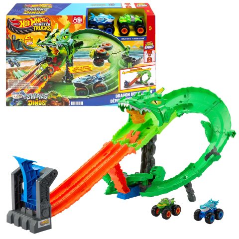 Mattel Hot Wheels Monster Trucks Sharks vs. Dinos Dragon Destruction Playset &…