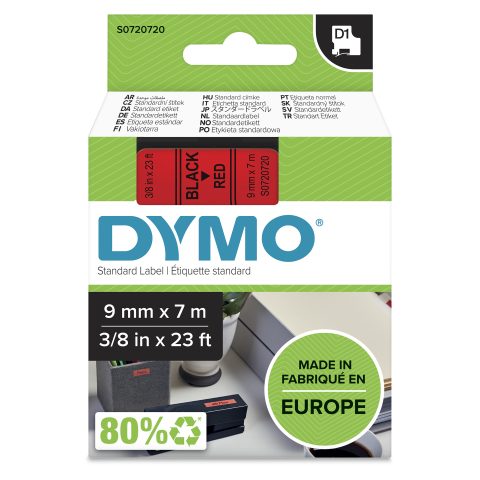 Dymo D1 Standard - Black on Red - 9mm marķēšanas lenta Melns uz sarkana