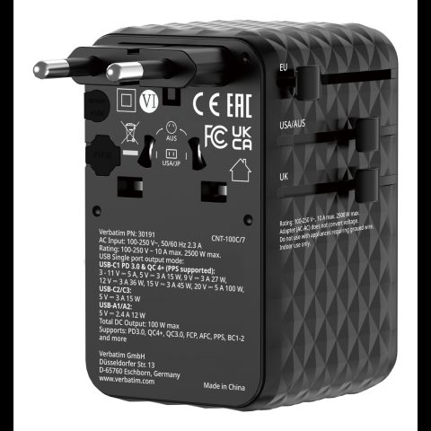 Verbatim Charge 'n' Travel 100W Universal Travel Adapter with retractable cable B…