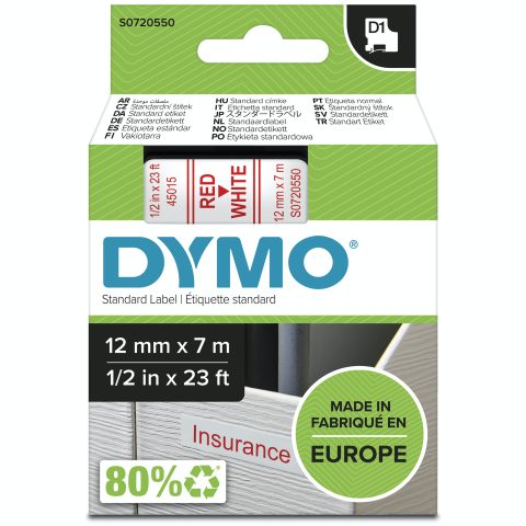 Dymo D1 Standard - Red on White - 12mm marķēšanas lenta Sarkans uz balta