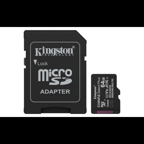 Kingston Technology 64GB microSDXC Canvas Select Plus Gen3 100MB/s A1 Card + Adap…