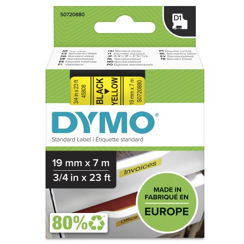 Dymo D1 Standard - Black on Yellow - 19mm marķēšanas lenta Melns uz dzeltena