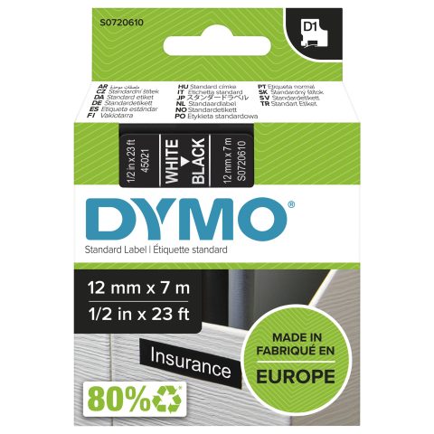 Dymo D1 Standard - White on Black - 12mm marķēšanas lenta Balts uz melna