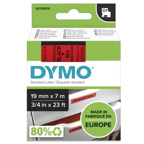 Dymo D1 Standard - Black on Red - 19mm marķēšanas lenta Melns uz sarkana
