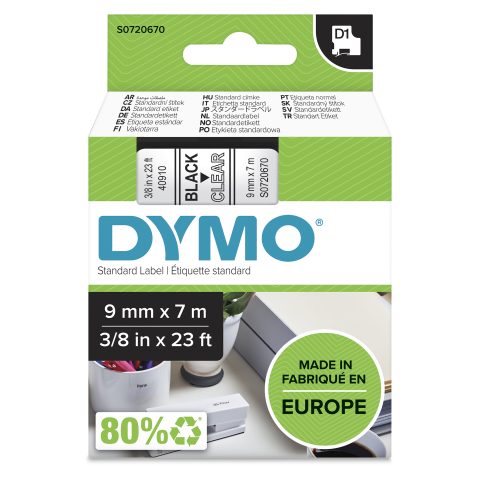 Dymo D1 Standard - Black on Transparent - 9mm marķēšanas lenta Melns uz caurs…