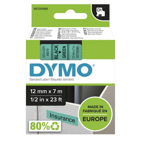 Dymo D1 -Standard Labels - Black on Green - 12mm x 7m