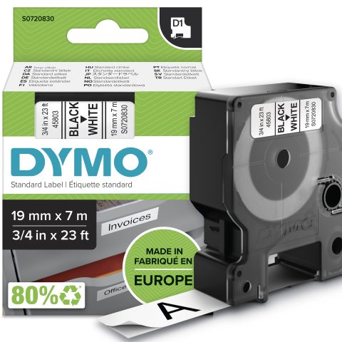 Dymo D1 Standard - Black on White - 19mm marķēšanas lenta Melns uz balta