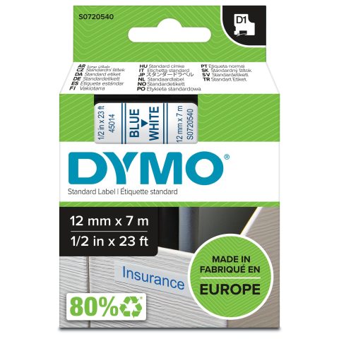 Dymo D1 Standard - Blue on White - 12mm marķēšanas lenta Zils uz balta