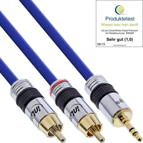 Inline Audio Cable Premium 2x RCA male / 3.5mm male gold plated 2m