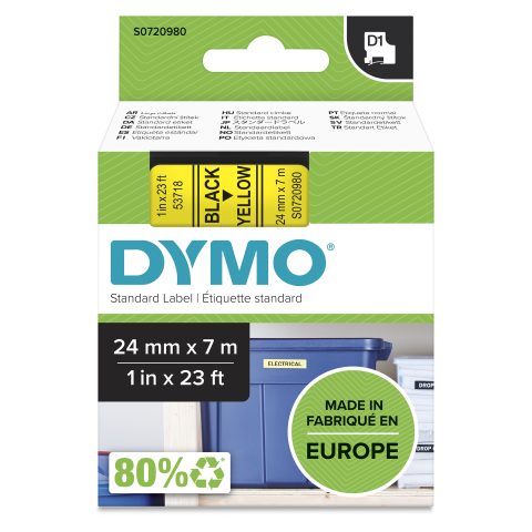 Dymo D1 Standard - Black on Yellow - 24mm marķēšanas lenta Melns uz dzeltena