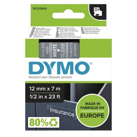 Dymo D1 Standard - White on Transparent - 12mm marķēšanas lenta Balts uz bezk…