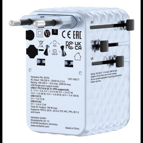 Verbatim Charge 'n' Travel 100W Universal Travel Adapter with retractable cable B…