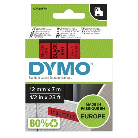 Dymo D1 -Standard Labels - Black on Red - 12mm x 7m