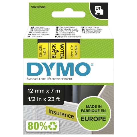 Dymo D1 Standard - Black on Yellow - 12mm marķēšanas lenta Melns uz dzeltena