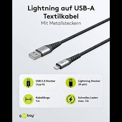 Goobay Lightning to USB-A textile cable with metal connectors