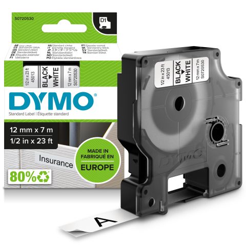 Dymo D1 Standard - Black on White - 12mm marķēšanas lenta Melns uz balta